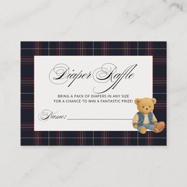 Tarjeta De Recepción Raffle Baby Shower Diaper del oso Preppy de Fútbol (Anverso)