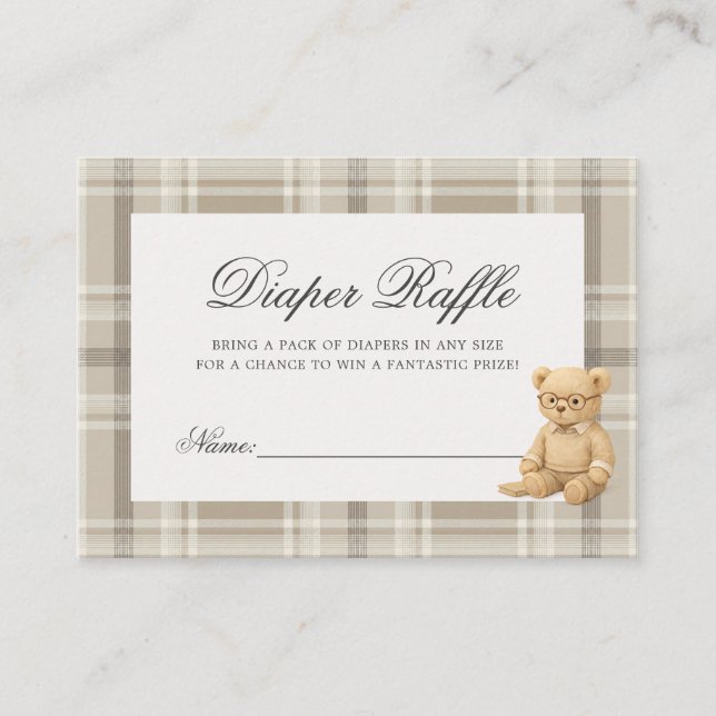Tarjeta De Recepción Raffle Baby Shower diaper neutral para oso preppy (Anverso)