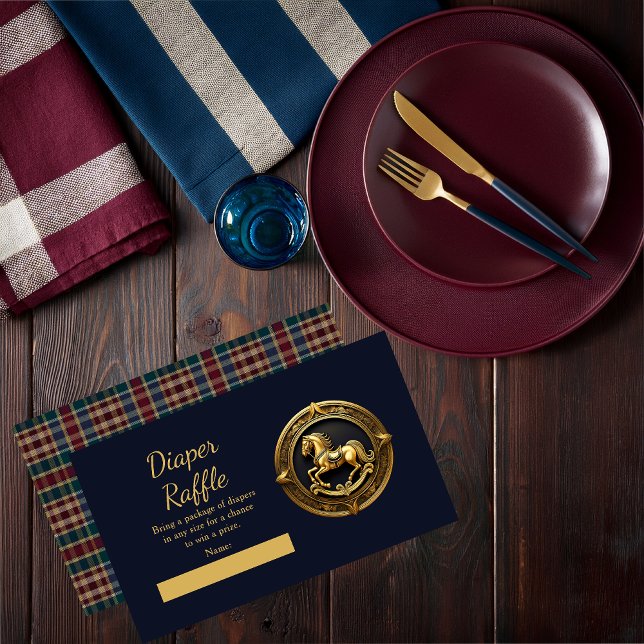 Tarjeta De Recepción Raffle de pañal azul del caballo de roca ecuestre  (Charming Classic Preppy Equestrian Gold Tone Rocking Horse | Plaid Background Boy Baby Shower Invite)