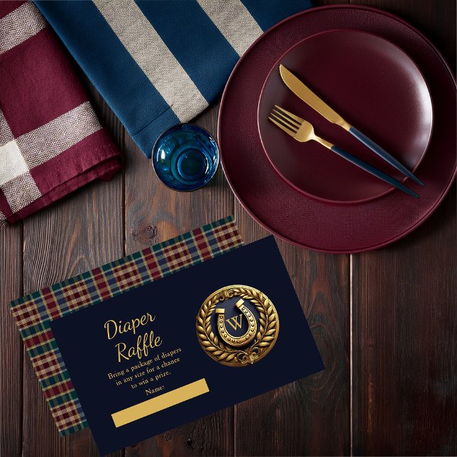 Tarjeta De Recepción Raffle de pañal azul preppy ecuestre de herradura (Charming Classic Preppy Gold Horseshoe Monogram Emblem Plaid  Boy Baby Shower Diaper Raffle Card)
