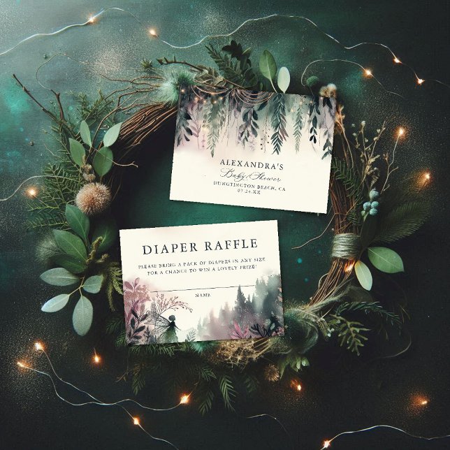 Tarjeta De Recepción Raffle Diaper Montañas de Hadas Forestales Encanta (diaper raffle card baby shower enclosure enchanted forest fairy mountains emerald mauve)