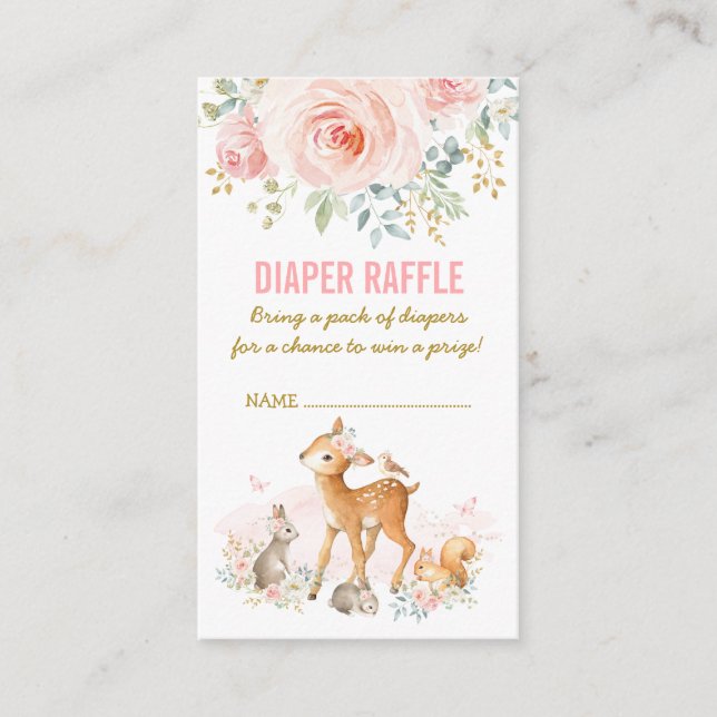 Tarjeta De Recepción Raffle floral rosada de Woodland Baby Shower (Anverso)