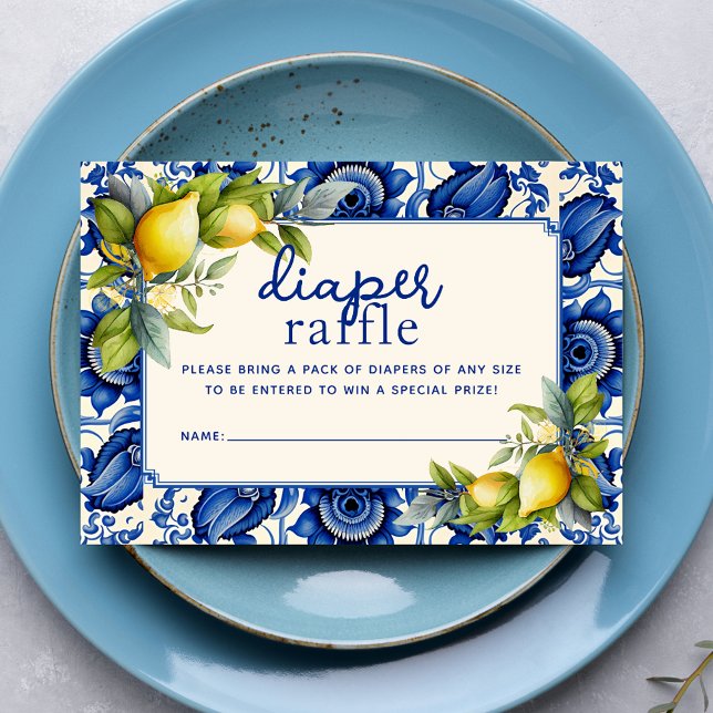 Tarjeta De Recepción Raffle Raffle de Vieja Blue Tile amarillo Lemons (Vintage Blue Tile Yellow Lemons Diaper Raffle Enclosure Card)