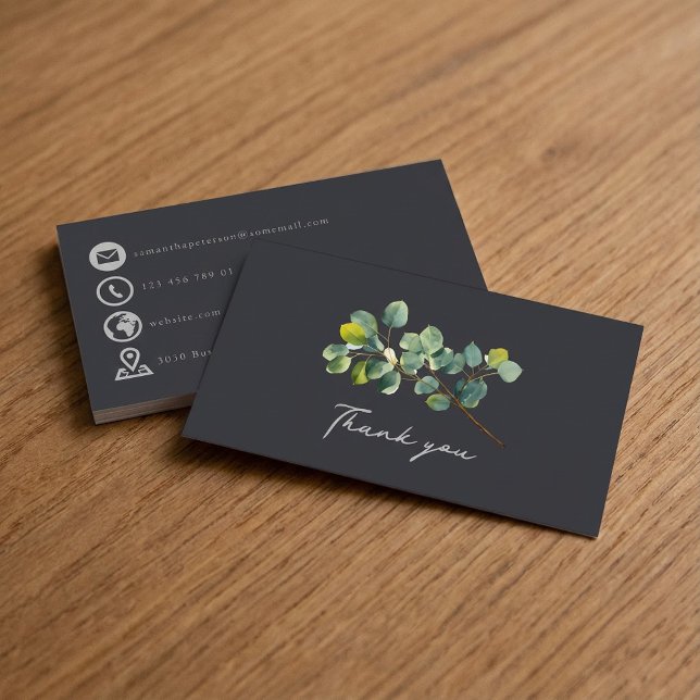 Tarjeta De Recepción Rama de eucalipto verde oscuro gracias insertar ta (Eucalyptus branch dark green thank you insert card with silver grey hand style script bold icons.)