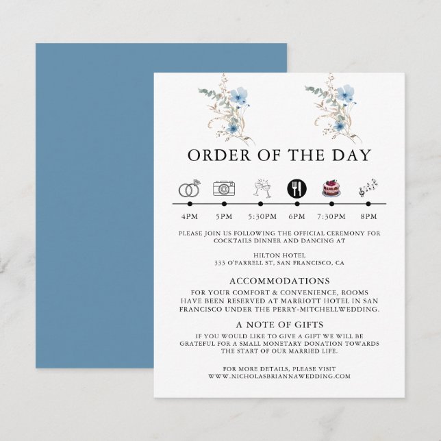Tarjeta De Recepción ramo de flores acuarela azul polvoriento rústico (Anverso / Reverso)
