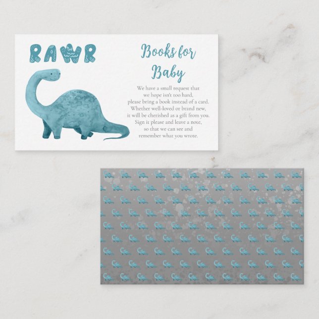 Tarjeta De Recepción Rawr Blue Dinosaur Boy Baby Shower Books para bebé (Anverso / Reverso)