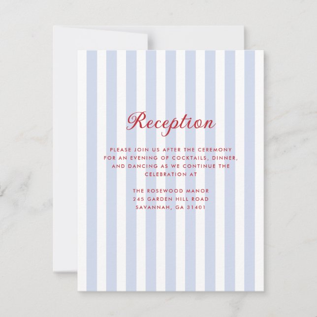 Tarjeta de recepción rayada azul y roja de la boda (Anverso)