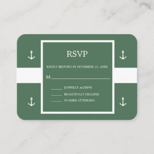 Tarjeta De Recepción Rayas de Ancla Blanco Verde Náutico Boda RSVP E