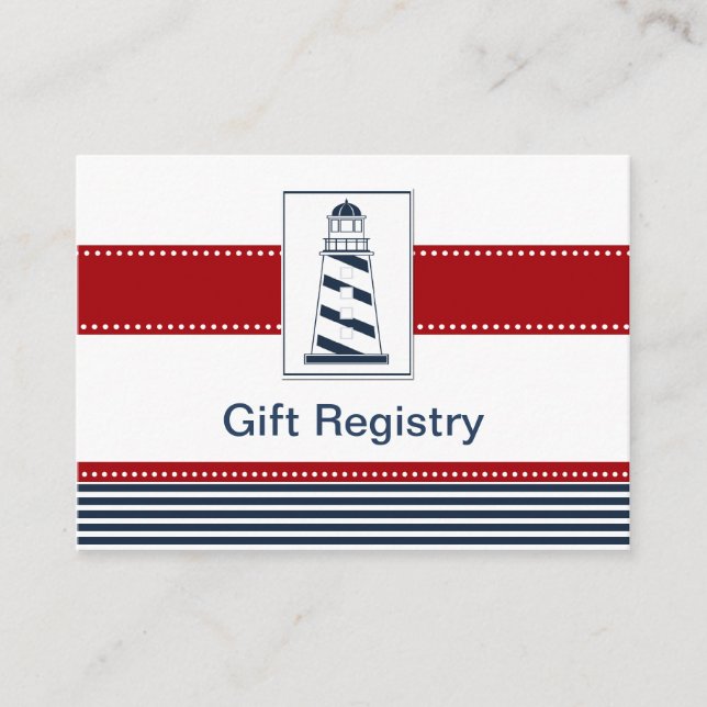 Tarjeta De Recepción rayas de marina, faro, registro de regalos náutico (Anverso)