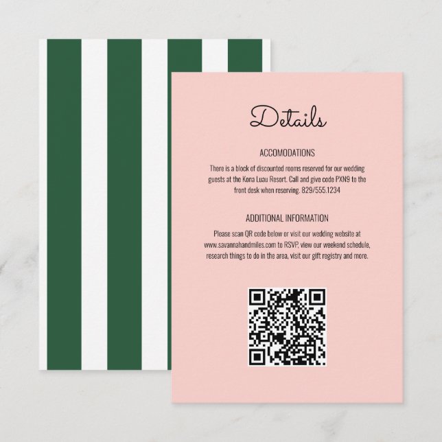 Tarjeta De Recepción Rayas rosadas y verdes Boda en el Hotel Beverly Hi (Anverso / Reverso)