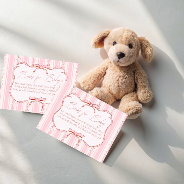Tarjeta De Recepción Rayas rosas arco retro solicitud de un libro de du (Pink stripes retro bow baby shower book request enclosure cards books for baby cards)