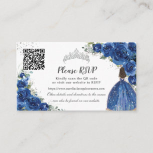 Tarjeta De Recepción Real Floral Azul Plata Quinceañera Código QR