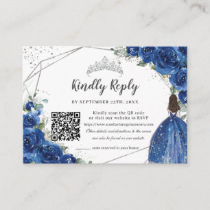 Tarjeta De Recepción Real Floral Azul Plata Quinceañera Código QR RSVP
