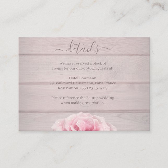 Tarjeta De Recepción Real Roses Rosa Rústica Moda Boda Hotel Detalle (Anverso)