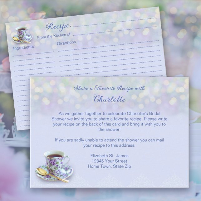 Tarjeta De Recepción Receta Azul de Desayuno de Despedida de Soltera Fi (Vintage Tea Party Bridal Shower Blue Recipe Enclosure Card)