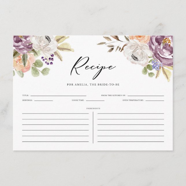 Tarjeta De Recepción Receta Boho Purple Autumt Flowers Bridal Shower (Anverso)