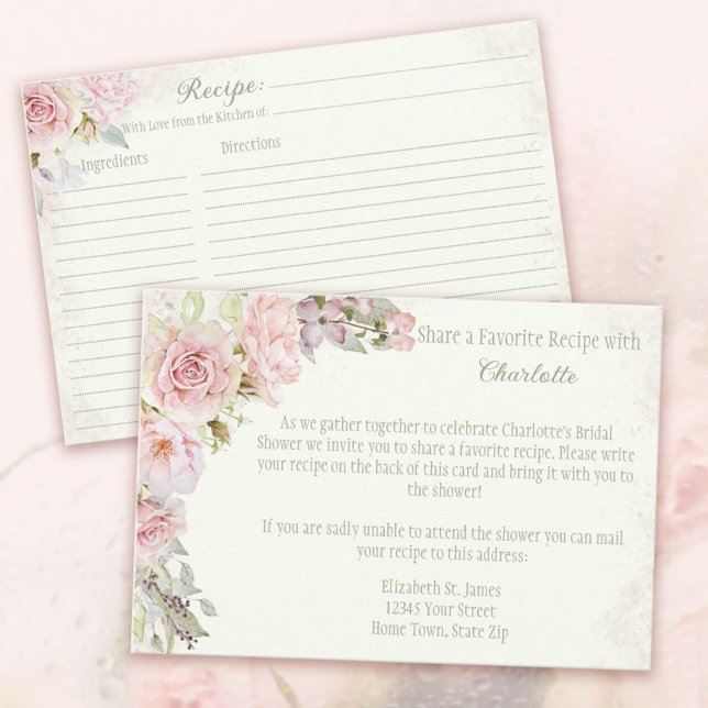 Tarjeta De Recepción Receta de Baby Shower Rosa y Verde (Pink Roses Bridal Shower Recipe Cards Jade Green. 
Invite the Guests to share a favorite recipe.)