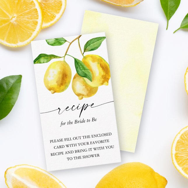 Tarjeta De Recepción Receta de cítricos limón para la novia (Add these lemon enclosure cards to let guests know to bring a recipe to the bridal shower.)