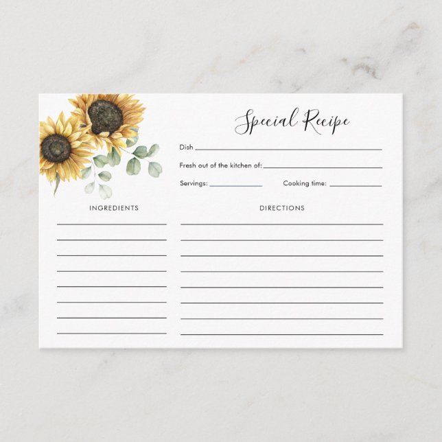 Tarjeta De Recepción Receta de ducha de novia floral de girasol (Anverso)