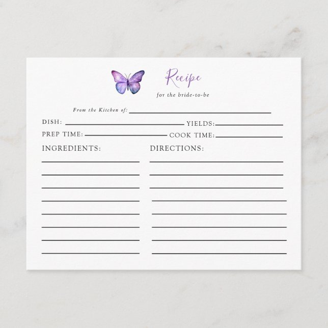 Tarjeta De Recepción Receta de mariposa de ducha de novia con guión púr (Anverso)