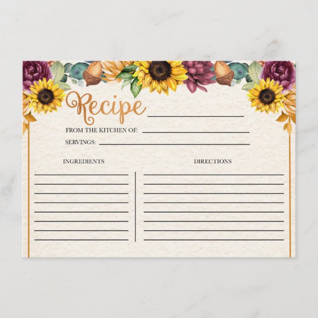Tarjeta De Recepción Receta de Receta para Caída de Girasol de Otoño (Anverso)