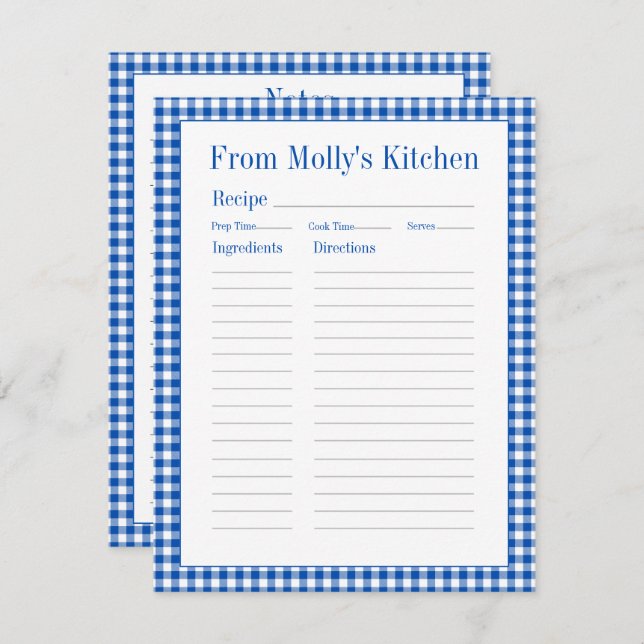 Tarjeta De Recepción Receta de refrigerios de Gingham azul y blanco (Anverso / Reverso)