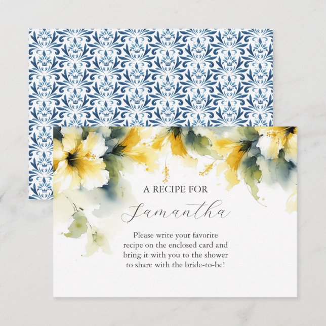 Tarjeta De Recepción Receta Floral Amarilla Hibiscus Para La Novia (Anverso / Reverso)