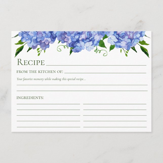 Tarjeta De Recepción Receta floral de Hydrangea azul (Anverso)