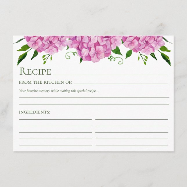 Tarjeta De Recepción Receta floral de Hydrangea rosa (Anverso)