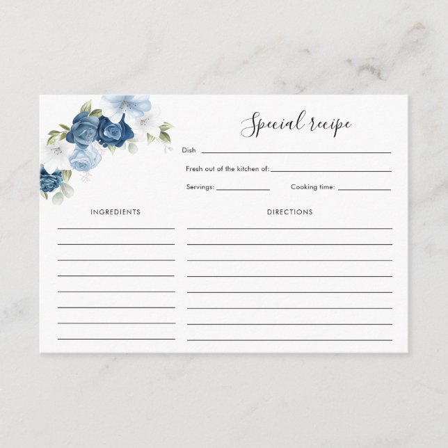 Tarjeta De Recepción Receta Floral Dusty Blue Bloom Bridal Shower (Anverso)