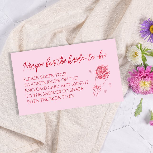 Tarjeta De Recepción Receta Solicitud de Receta Ducha Bridal Rosa y Roj (Recipe Request Pink & Red Hand Drawn Bridal Shower Enclosure Card)
