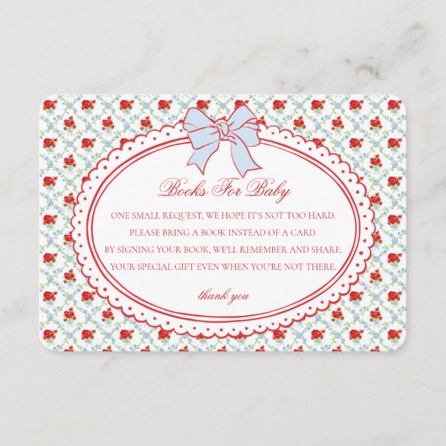 Tarjeta De Recepción Red & Blue Vintage Floral Books for Baby Insert (Anverso)