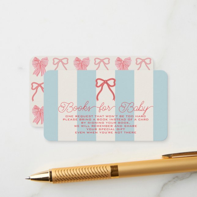 Tarjeta De Recepción Red Bow & Blue Stripes Baby Shower Book Request (Anverso/Reverso In Situ)