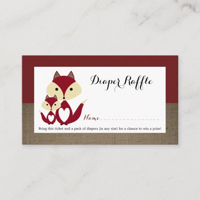 Tarjeta De Recepción Red Fox Burlap Baby Shower Diaper Raffle Ticket (Anverso)