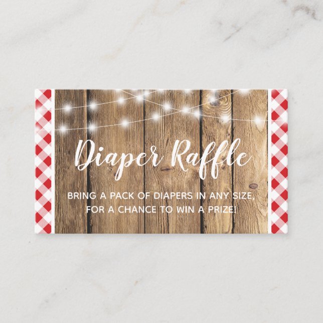 Tarjeta De Recepción Red Gingham Rustic Wood Baby Shower Diaper Raffle (Anverso)