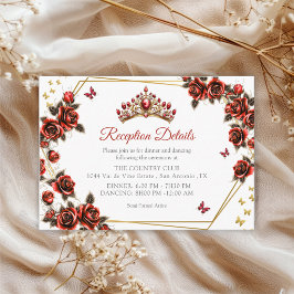 Tarjeta De Recepción Red Golden Tiara Roses Butterflies Quinceañera