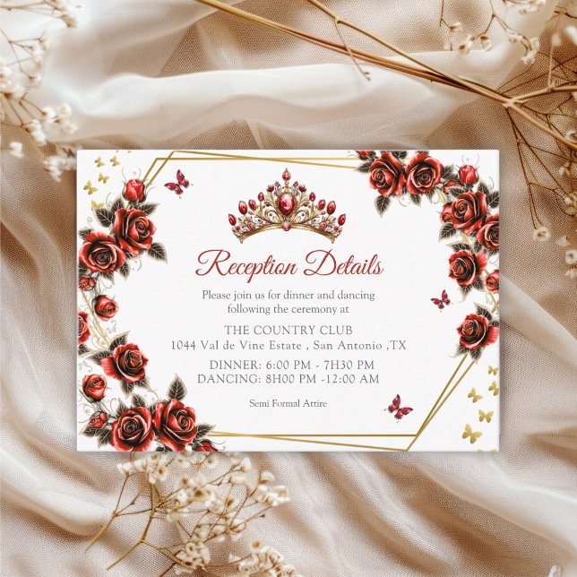 Tarjeta De Recepción Red Golden Tiara Roses Butterflies Quinceañera (Subido por el creador)