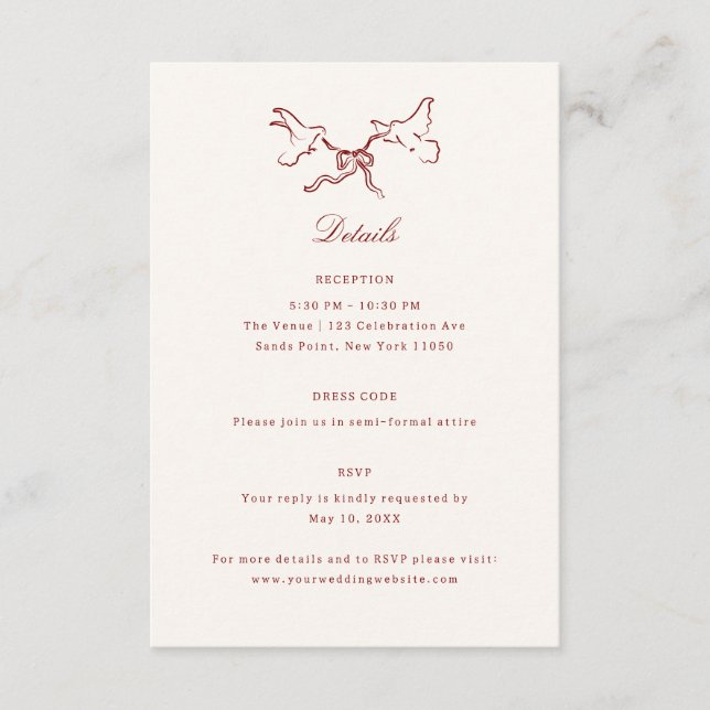 Tarjeta De Recepción Red Illustrated Birds Whimsical Wedding Details (Anverso)