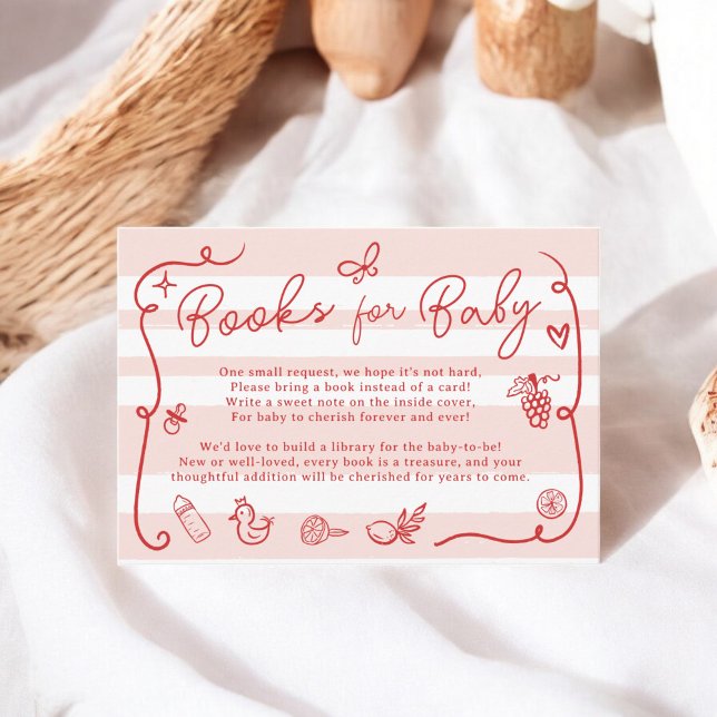 Tarjeta De Recepción Red Pink Retro Cute Libros Ilustrados Baby Shower (Red Pink Retro Cute Illustrated Books Baby Shower Enclosure Card)