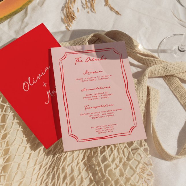 Tarjeta De Recepción Red + Pink Wedding Details Enclosure Card (red pink wedding, wedding details card, enclosure card, colorful wedding card, modern wedding detail)