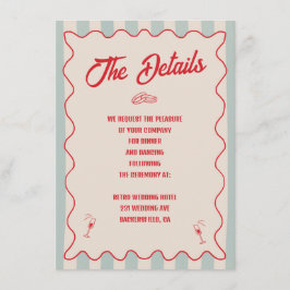 Tarjeta De Recepción Red Script Blue Line QR Code Retro Wedding Details