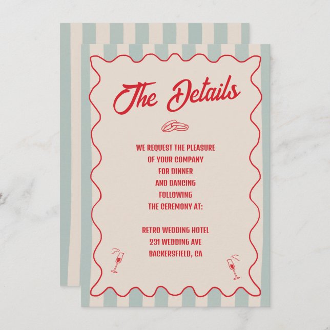 Tarjeta De Recepción Red Script Blue Line QR Code Retro Wedding Details (Anverso / Reverso)