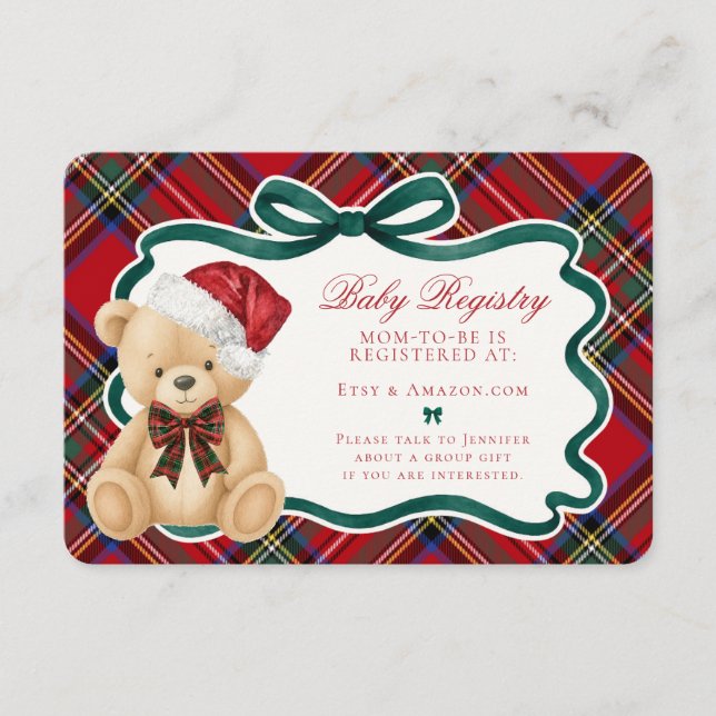 Tarjeta De Recepción Red Tartan Plaid Christmas Bear Baby Registry (Anverso)