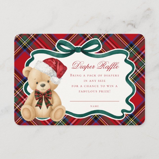 Tarjeta De Recepción Red Tartan Plaid Christmas Bear Diaper Raffle (Anverso)