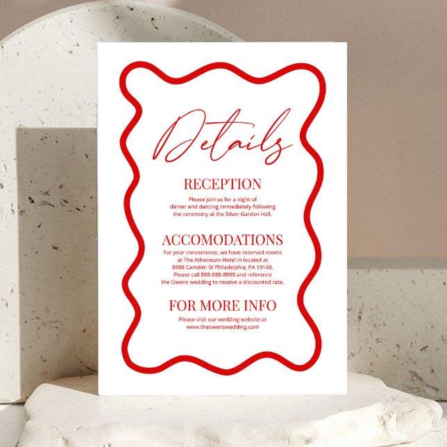 Tarjeta De Recepción Red White Elegant Wavy Border Wedding Details (Subido por el creador)