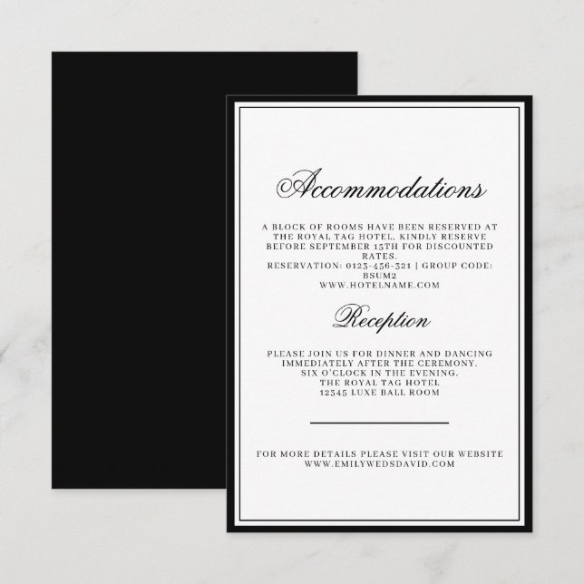 Tarjeta De Recepción Regal clásico elegante en blanco y negro (Anverso / Reverso)