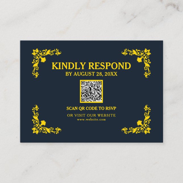 Tarjeta De Recepción Regal Contrast Midnight Blue & Gold QR RSVP Card (Anverso)