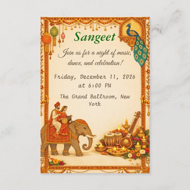 Tarjeta De Recepción Regal Indian Wedding Sangeet Details Card (Anverso)