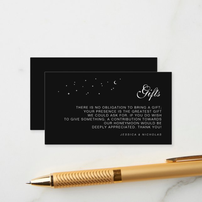 Tarjeta De Recepción Regalo celeste y fondo de luna de miel Boda negro (Anverso/Reverso In Situ)