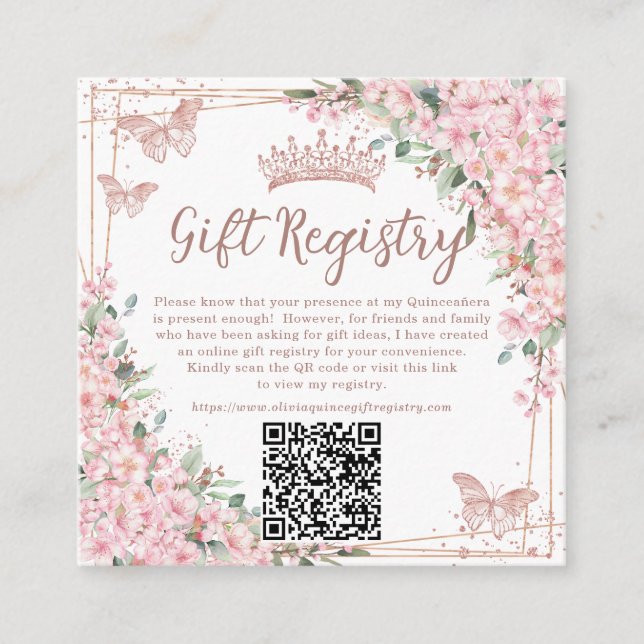 Tarjeta De Recepción Regalo QR Quinceañera Flor de Cerezo Rosa de Oro  (Anverso)